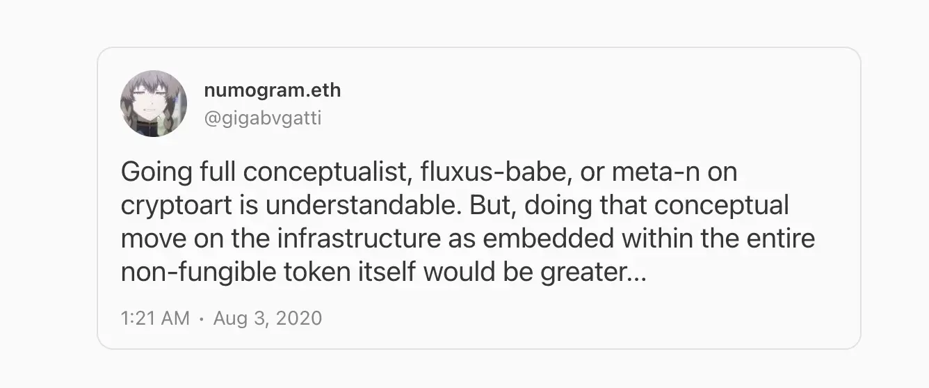 Tweet by numogram.eth discussing conceptual crypto art and NFT manifestos
