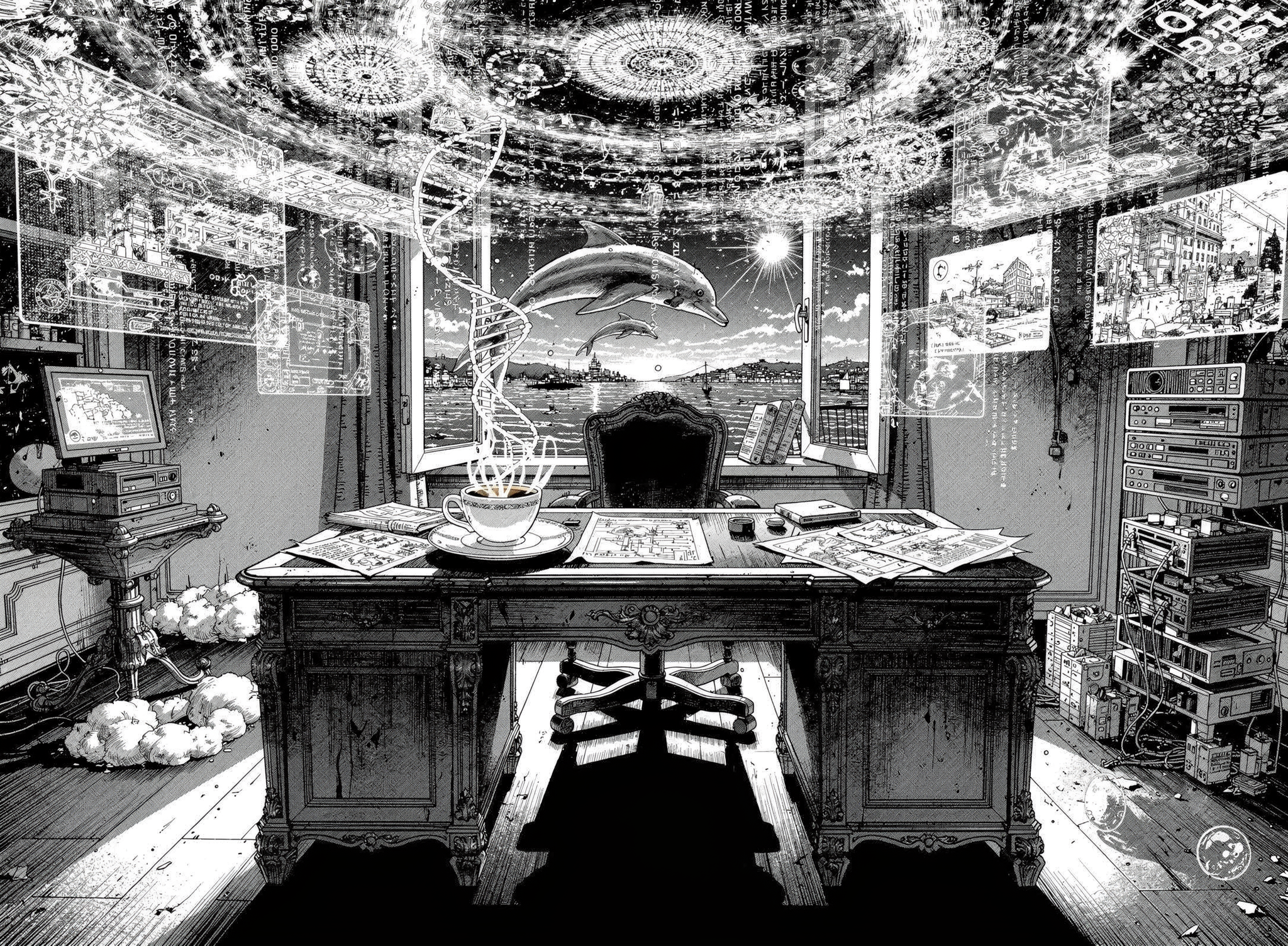 Black-and-white generated image of a desk overlooking the Bosphorus, with a dolphin, coffee, and layered interface panels